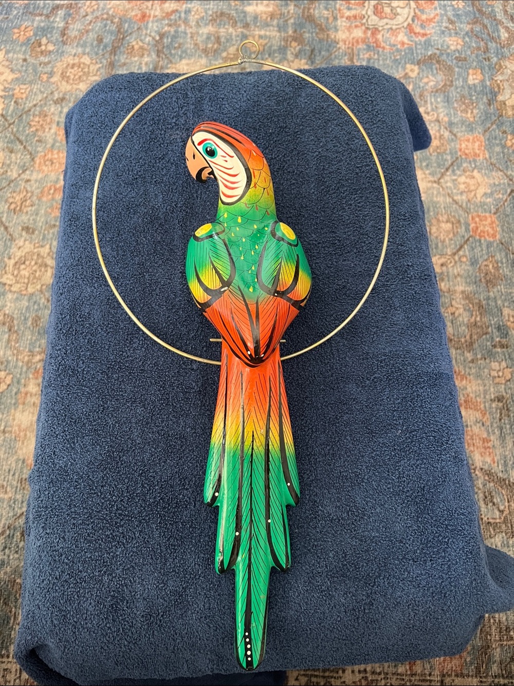 Colorful Parrot Hanging Bird Decor in Green and Orange - Ceramic Pottery